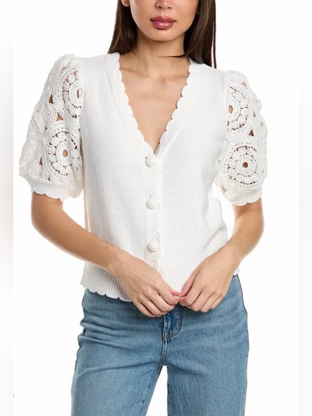 Design History White Crochet Puff Sleeve V-Neck Button Cardigan
